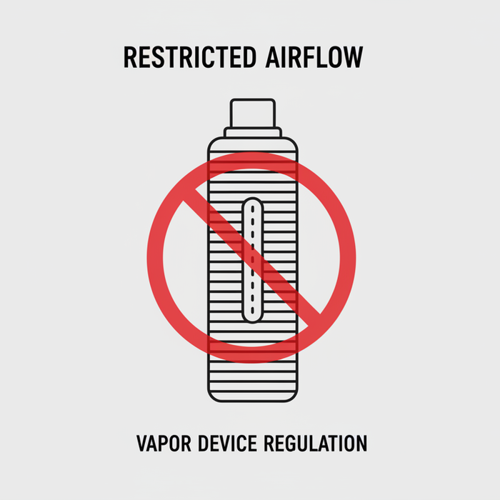 An illustration of a vapor device with a red restricted symbol, indicating restricted airflow and vapor device regulation