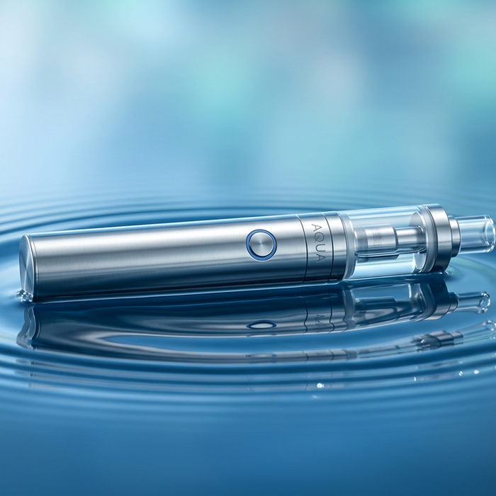 Sleek silver Aqua vape pen resting on blue water ripples with a fresh aquatic background