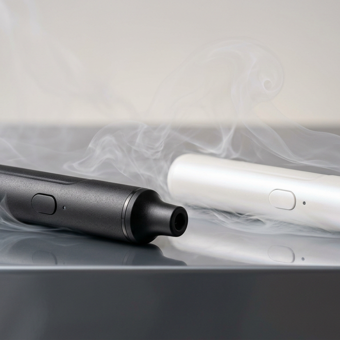 Sleek black and white vape pens resting on a reflective surface surrounded by swirling vapor mist