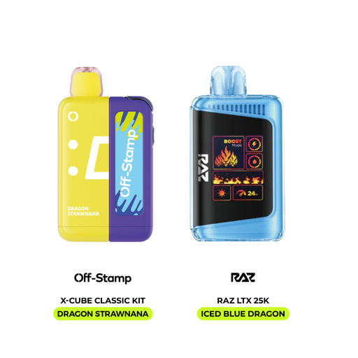 Off Stamp X-Cube Classic Kit Dragon Strawnana and RAZ LTX 25K Iced Blue Dragon vape devices combo.