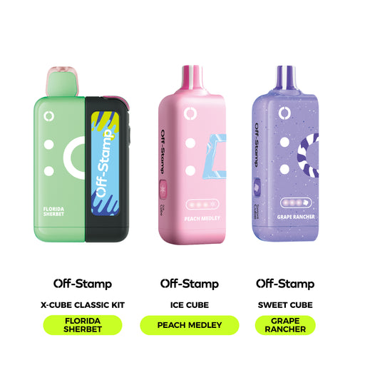 Off-Stamp X-CUBE vape flavors: Florida Sherbet, Peach Medley, Grape Rancher