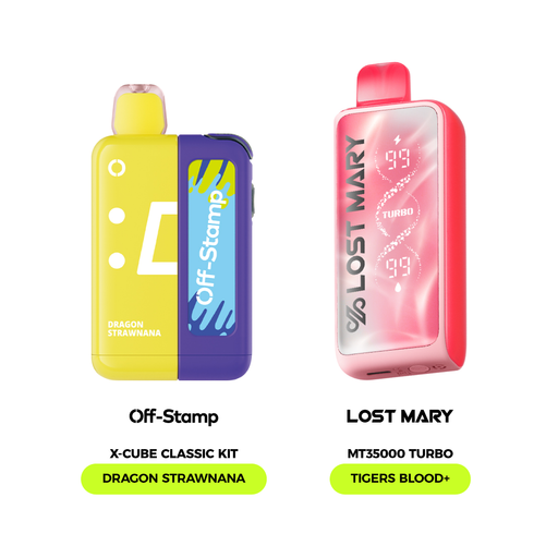 Lost Mary MT35000 Turbo pink device next to yellow and purple Off-Stamp X-Cube Classic Kit with Dragon Strawnana flavor.