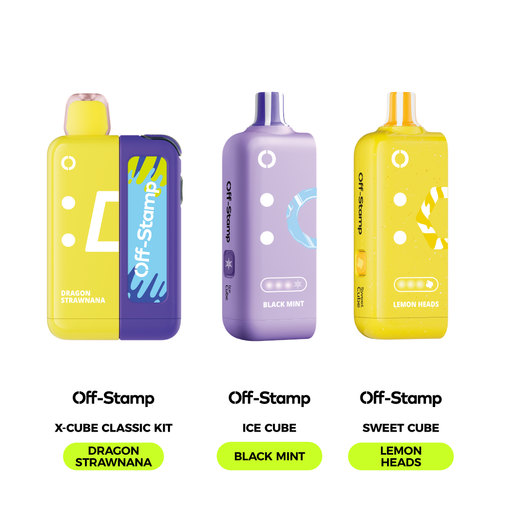 Three Off-Stamp X-CUBE vape kits: Classic Dragon Strawnana, Ice Black Mint, Sweet Lemon Heads.