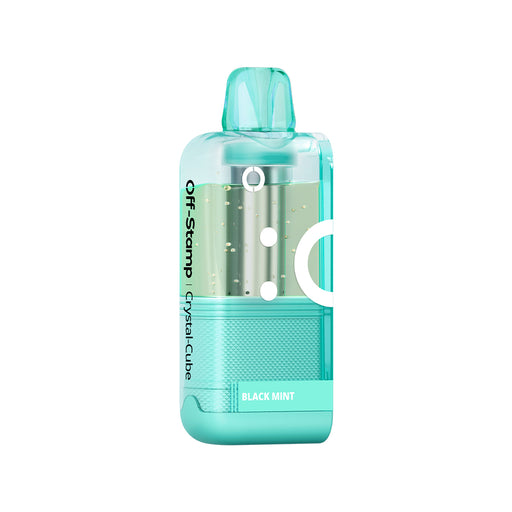 Off-Stamp X-Cube Crystal Cube Black Mint vape, teal design, clear liquid chamber with metallic parts.