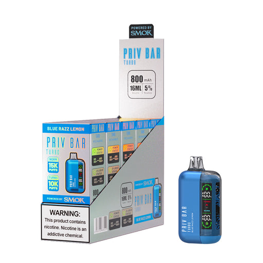 Blue Razz Lemon Priv Bar Turbo 15000 Puffs disposable vape with digital screen and packaging display box.