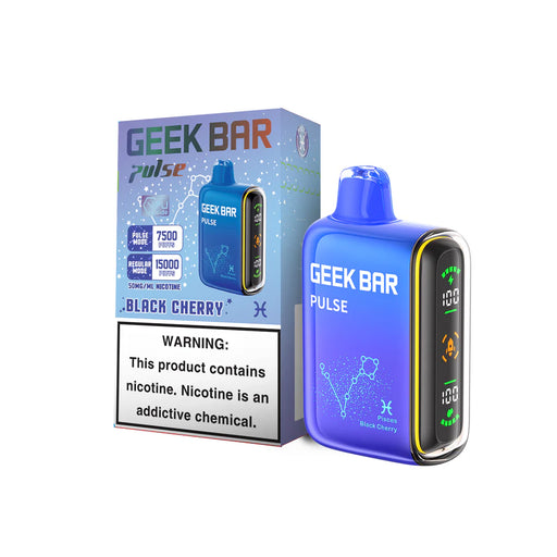 Blue Geek Bar Pulse 15K disposable vape device and box, Black Cherry flavor, 15000 puffs Regular, 7500 puffs Pulse mode.