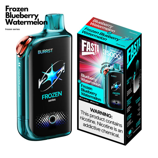 FASTA Burrst 35000 disposable vape in Teal, rose-gold accent, 'Frozen Blueberry Watermelon' flavor, with matching packaging.