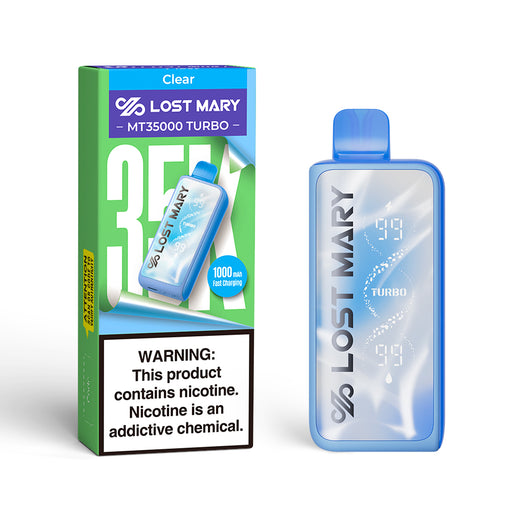 Lost Mary MT35000 Turbo disposable vape, clear blue, 1000mAh fast charging, digital display.