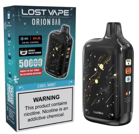 Lost Vape ORION BAR 50K Cool Mint disposable vape, black galaxy design, ICE & NIC controls, 50000 puffs, with packaging.