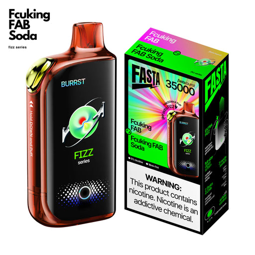 FASTA Burrst 35000 disposable vape, Fcking FAB Soda flavor, transparent amber body, with FIZZ series packaging.