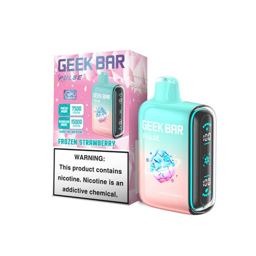 Geek Bar Pulse 15K Frozen Strawberry disposable vape, teal-pink gradient, digital display showing 100/100.