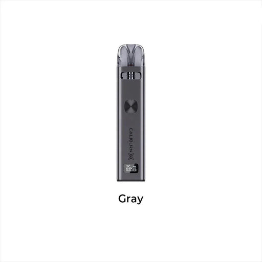 Matte gray UWELL Caliburn G3 pod system with digital display showing 25W and clear e-liquid pod on product page.