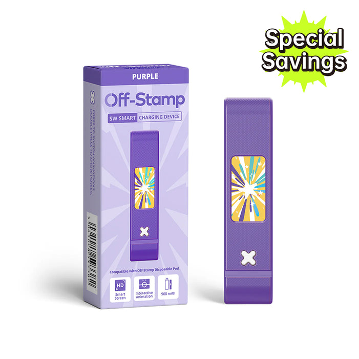 Purple Off-Stamp SW smart charging device, 900mAh battery, HD screen.
