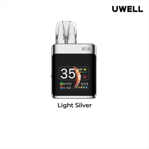 Uwell Caliburn G3 Pro KOKO vape in light silver with 1.8" TFT display showing 35W and 0.4ohm resistance.