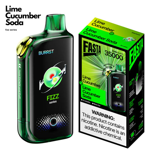 FASTA Burrst 35000 vape in Lime Cucumber Soda Fizz Series. Transparent green, gold accents, black screen. With packaging.