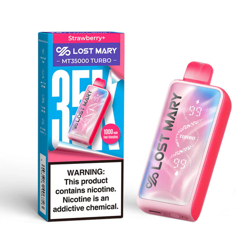 Lost Mary MT35000 Turbo Strawberry+ fruit flavored disposable vape, pink device with digital display and packaging.