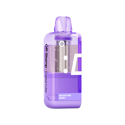 Off-Stamp X-Cube Crystal Cube Mountain Berry vape device with transparent purple casing and visible e-liquid.