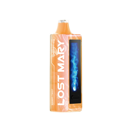 Lost Mary MO20000 Pro Mango Twist disposable vape with orange/white swirl and blue flame HD screen.