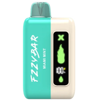 Teal and cream FZZYBAR X20000 Miami Mint disposable e-hookah device, LED screen active.