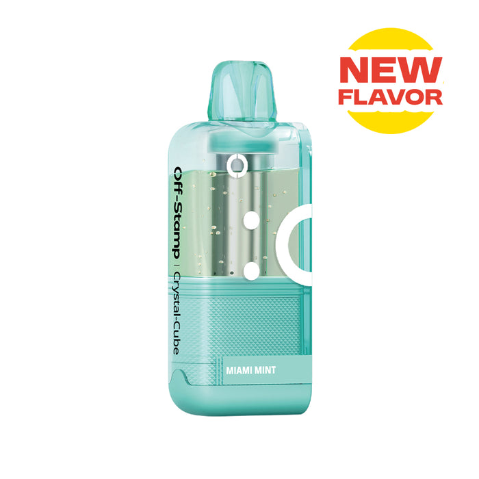 Off-Stamp X-Cube Crystal Cube Miami Mint disposable vape, transparent design with visible e-liquid.