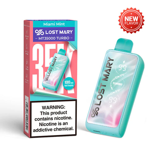 Lost Mary MT35000 Turbo Miami Mint disposable vape, teal device with display, and packaging.
