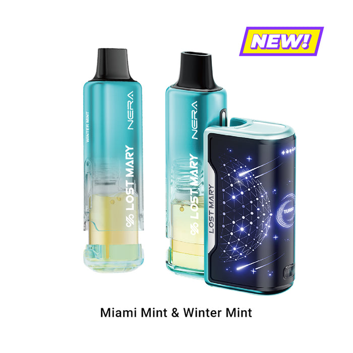 Lost Mary Nera Fullview 70K vape kit, Winter Mint & Miami Mint flavors, New product.