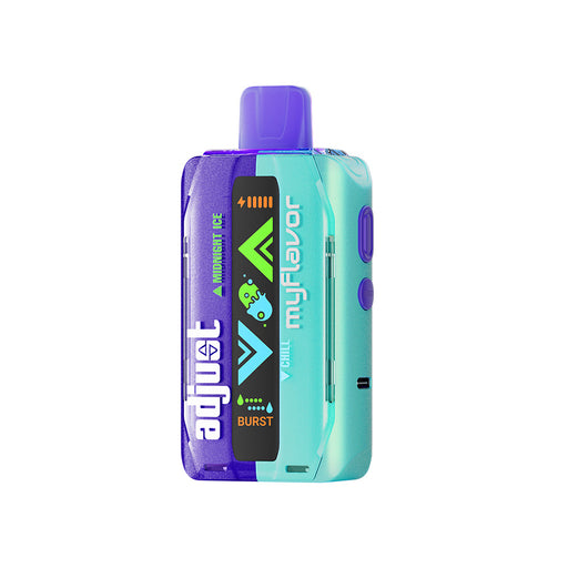 Adjust MyFlavor disposable, purple/teal iridescent. Digital screen: MIDNIGHT ICE, battery/flavor indicators.