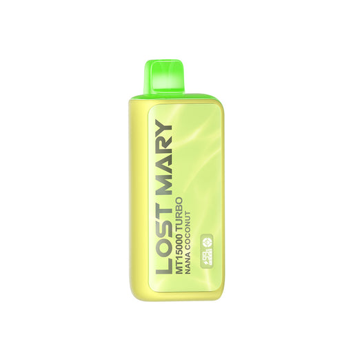 Lost Mary MT15000 Turbo Nana Coconut disposable vape. Yellow with green swirl, green mouthpiece. Product page.