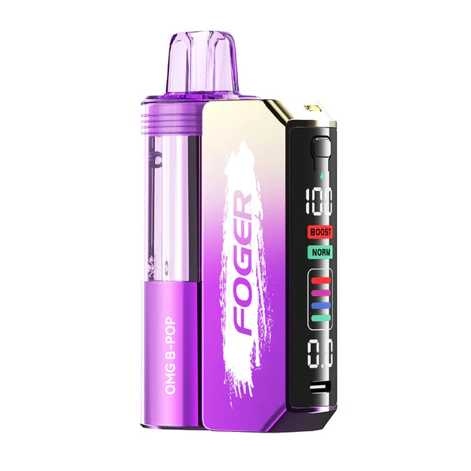 FOGER Switch Pro 30K disposable vape device kit in purple, showing OMG B-POP cartridge