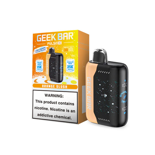 Geek Bar Pulse X 25K Orange Slush disposable vape device and packaging, featuring 15K/25K puff capacity and 3D screen.