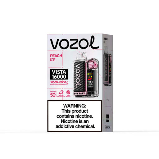 VOZOL Vista 16000 disposable vape in Peach Ice flavor, on packaging. Features LED display showing battery and puff count.