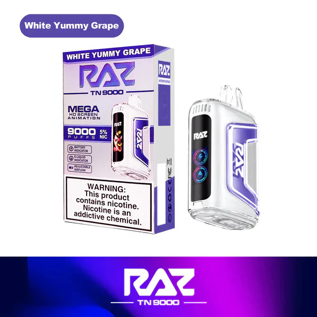 White Yummy Grape Raz Flavor RAZ TN9000 Disposable | 9000 Puffs Raz TN9000 Flavors: Over 30 White Yummy Grape Raz Flavor RAZ TN9000 Disposable | 9000 Puffs Raz TN9000 Flavors: Over 30