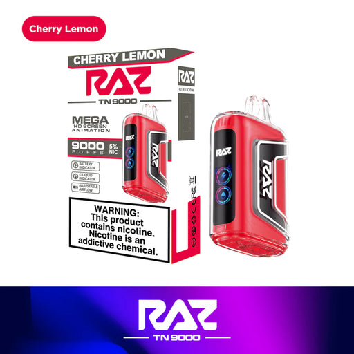 Bright red RAZ TN9000 Disposable Vape - Cherry Lemon, 9000 puffs, 5% nic, with HD screen and packaging.