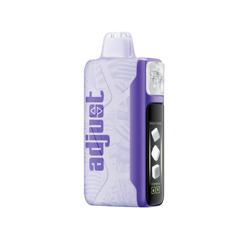 Purple mysweet disposable vape with white pattern and digital screen showing adjustable sweetness levels and power setting.