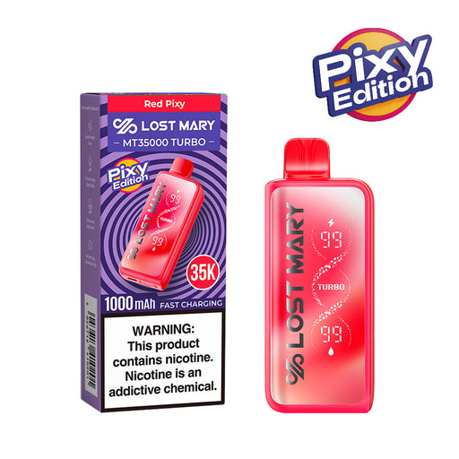 Red Lost Mary MT35000 Turbo Pixy Edition disposable vape and its packaging.