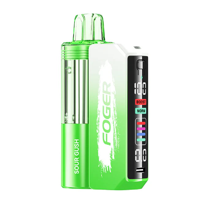FOGER Switch Pro 30K disposable device kit, Sour Gush flavor, green and white with digital display.