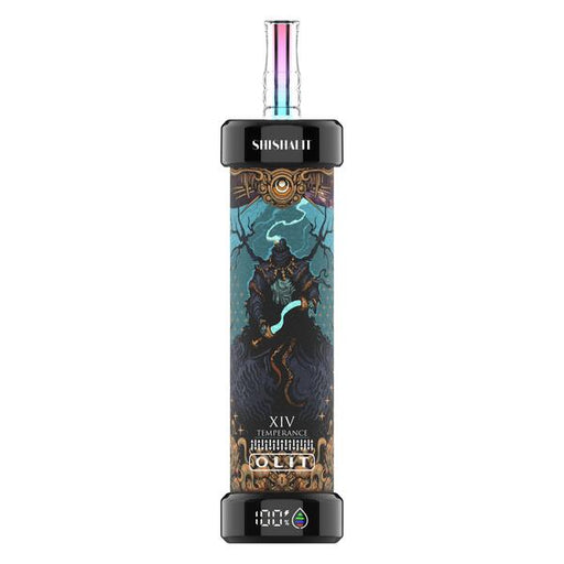 OLIT Shishalit disposable e-hookah, 'Temperance' tarot design, rainbow mouthpiece, 100% battery and e-liquid display.
