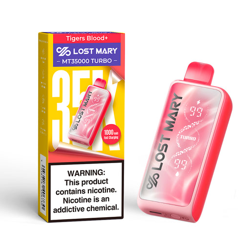 Lost Mary MT35000 Turbo disposable vape in Tigers Blood+ flavor with digital display and packaging.