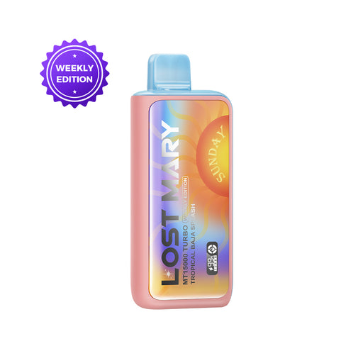 Lost Mary MT15000 Turbo Weekly Edition disposable vape, Tropical Baja Splash flavor, pink with sunset design.