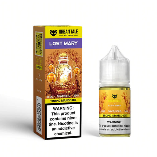 Urban Tale x Lost Mary Tropic Mango Ice 30ml e-liquid bottle and box, 35mg, 50VG/50PG.
