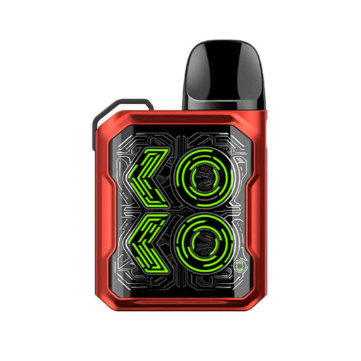 Red Uwell Caliburn GK2 18W pod system with stylized green K circuit design.