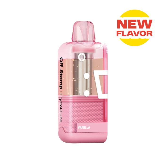 Off-Stamp X-Cube Crystal Cube vanilla disposable vape, pink, new flavor, visible e-liquid.