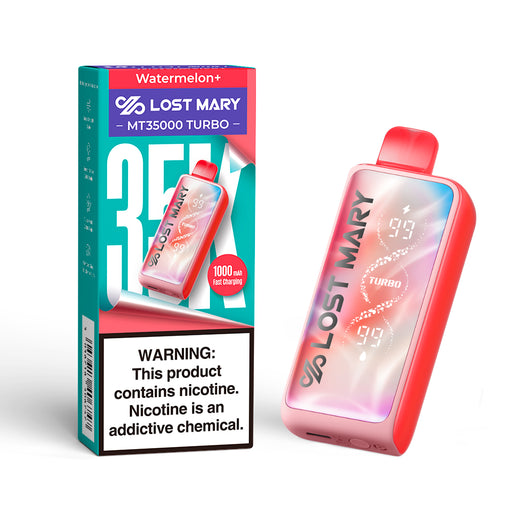 Lost Mary MT35000 Turbo disposable vape, Watermelon+ flavor, with digital display showing TURBO.