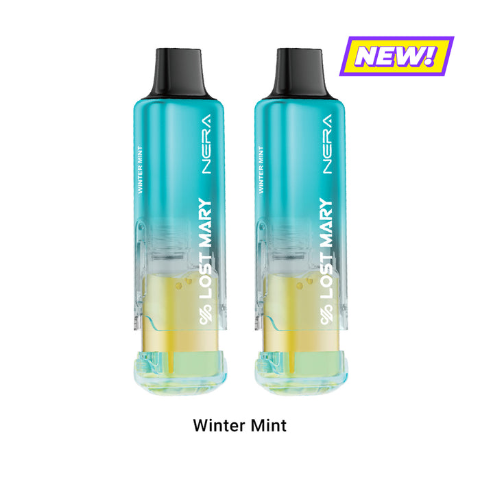 Lost Mary Nera 70K (Winter Mint, 2 Pods). Two teal disposable vapes, yellow liquid, NEW!