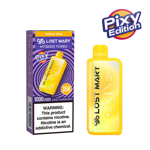 Yellow Pixy Edition Lost Mary MT35000 Turbo disposable vape and packaging.