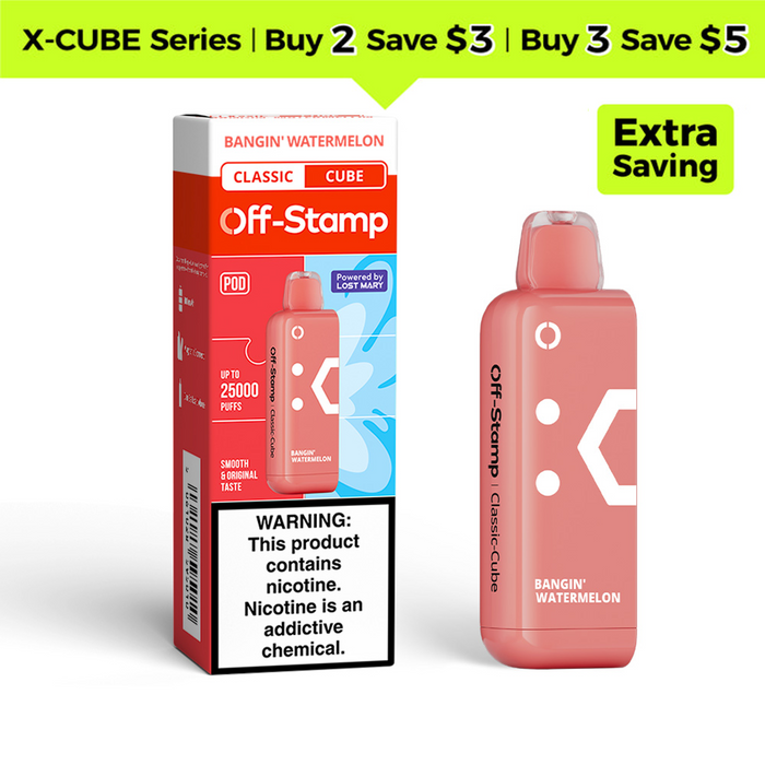 Off Stamp X-CUBE Classic Cube Bangin' Watermelon vape & packaging. Buy 2 Save $3, Buy 3 Save $5.