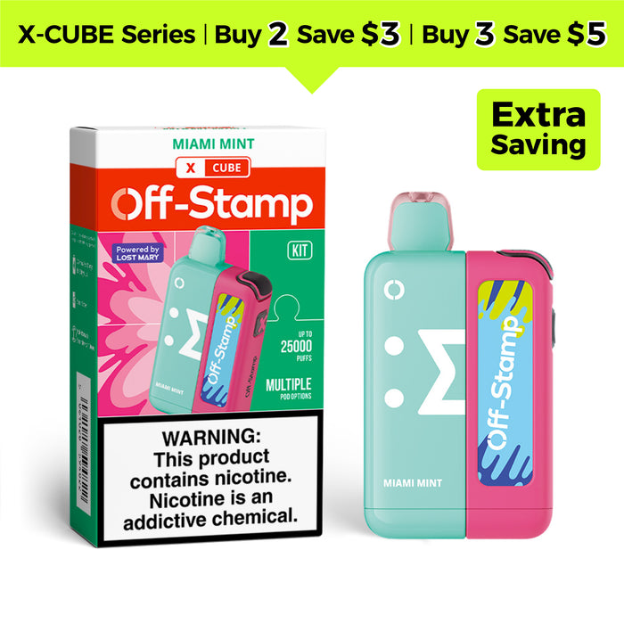 Off Stamp X-CUBE Classic Kit, Miami Mint flavor, 25000 puffs, two-toned design, in packaging.