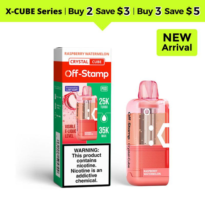 Off-Stamp X-Cube Crystal Cube Raspberry Watermelon vape and packaging, 25K Turbo 35K Max.