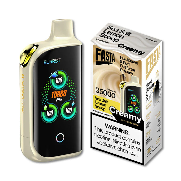 FASTA Burrst 35000 Creamy disposable vape device and box, Sea Salt Lemon Scoop special edition.