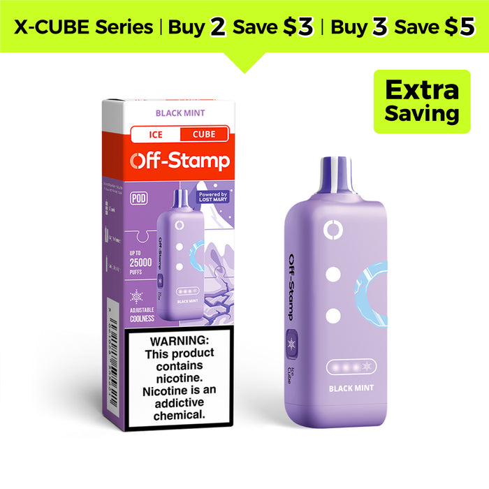 Off-Stamp X-Cube ICE CUBE disposable vape pod, Black Mint flavor, up to 25000 puffs, adjustable coolness, with packaging.